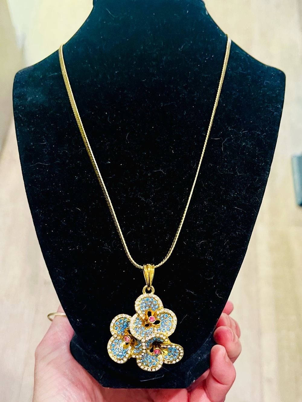 Vintage Rhinestone Orchid Pendant Necklace Blue Pink Gold Tone